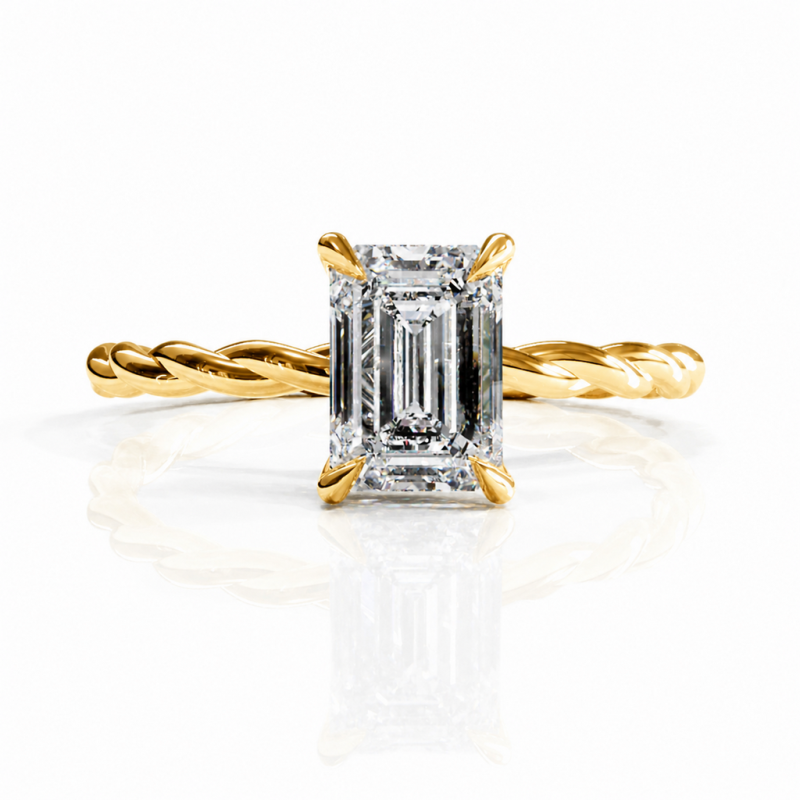 Emerald Cut Moissanite Hidden Halo Twisted Engagement Ring - Image 1