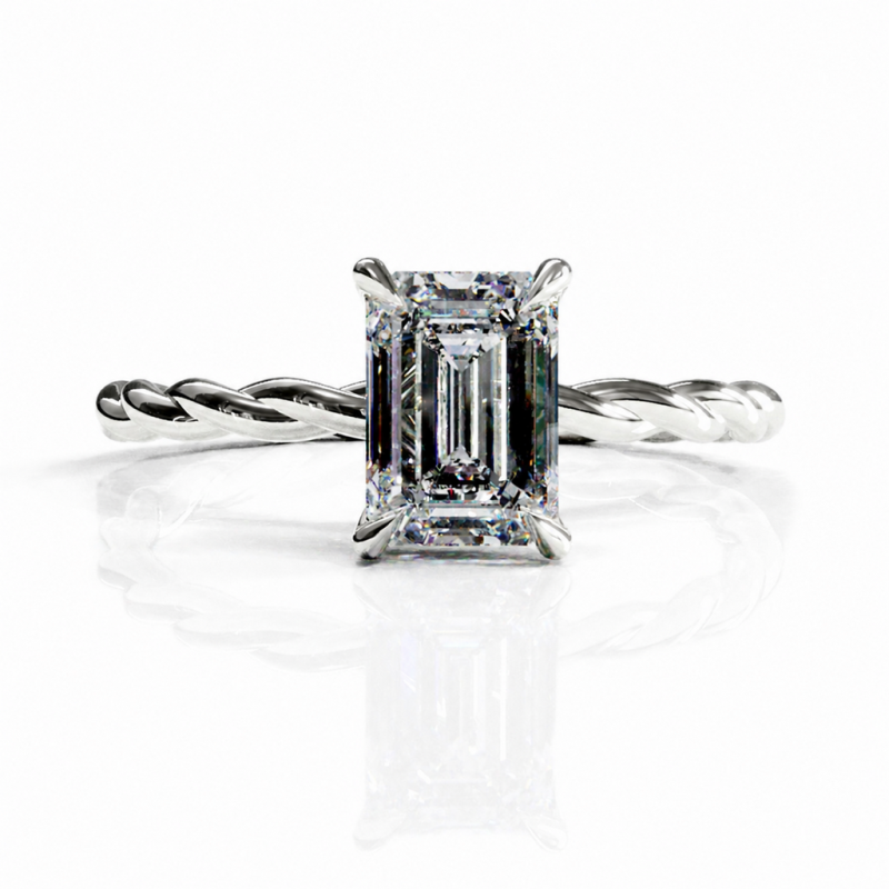 Emerald Cut Moissanite Hidden Halo Twisted Engagement Ring - Image 3