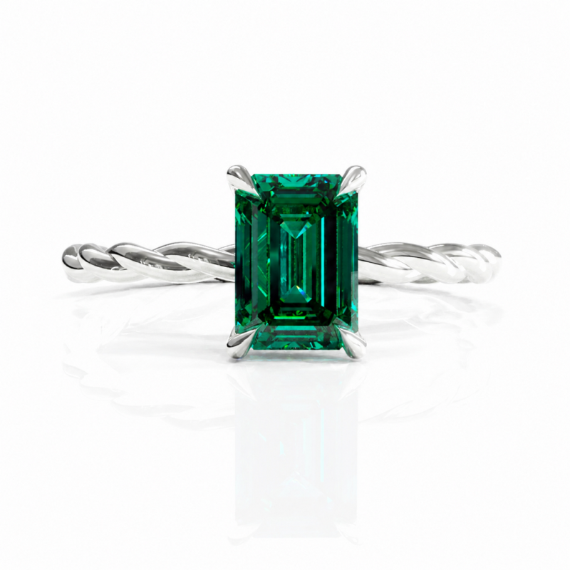 Emerald Cut Lab Grown Emerald Hidden Halo Twisted Engagement Ring - Image 3