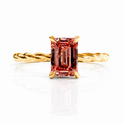 Emerald Cut Lab Grown Morganite Hidden Halo Twisted Engagement Ring