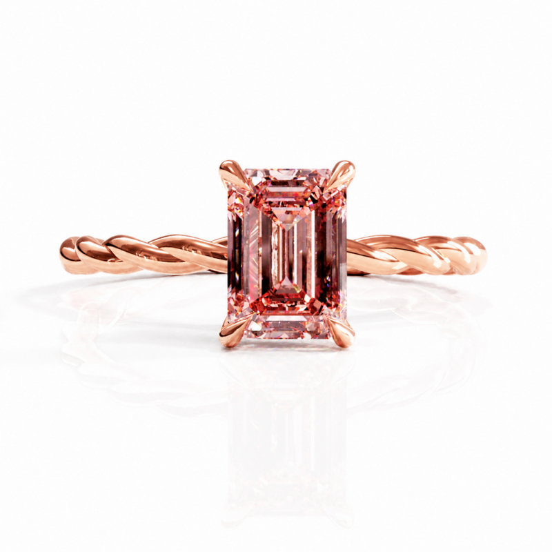 Emerald Cut Lab Grown Morganite Hidden Halo Twisted Engagement Ring - Image 2