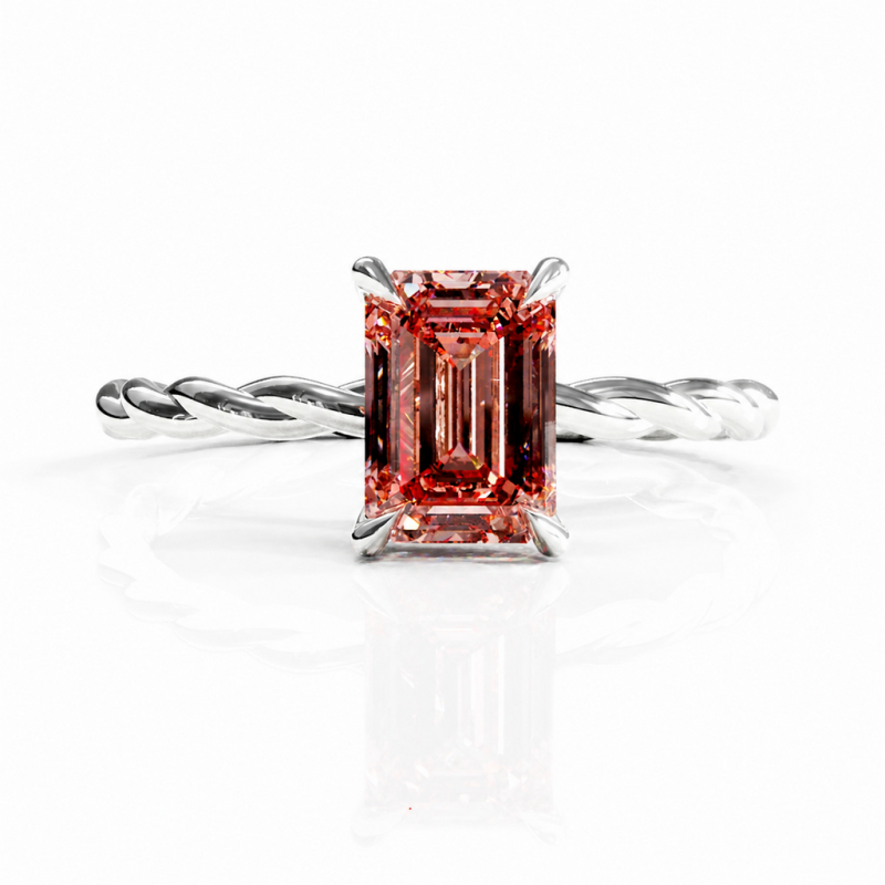 Emerald Cut Lab Grown Morganite Hidden Halo Twisted Engagement Ring - Image 3