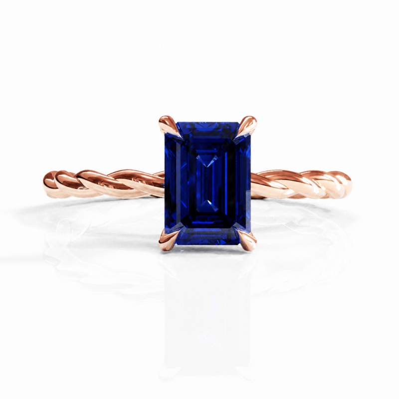 Emerald Cut Lab Grown Sapphire Hidden Halo Twisted Engagement Ring - Image 2