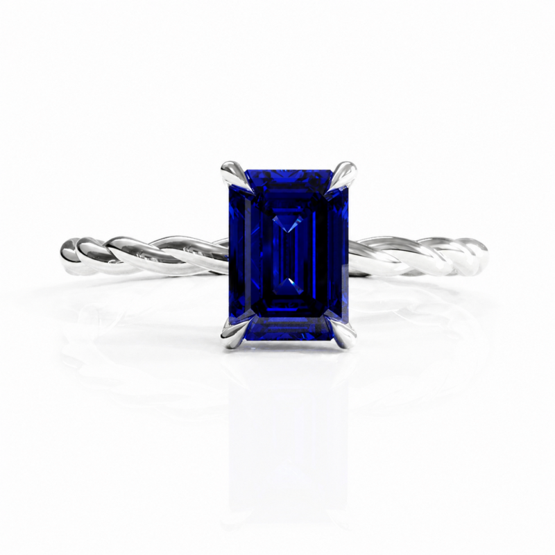 Emerald Cut Lab Grown Sapphire Hidden Halo Twisted Engagement Ring - Image 3