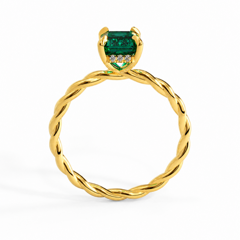 Emerald Cut Lab Grown Emerald Hidden Halo Twisted Engagement Ring - Image 4