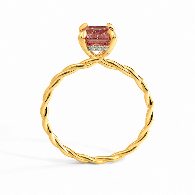 Emerald Cut Lab Grown Morganite Hidden Halo Twisted Engagement Ring - Image 4