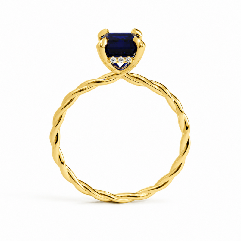 Emerald Cut Lab Grown Sapphire Hidden Halo Twisted Engagement Ring - Image 4