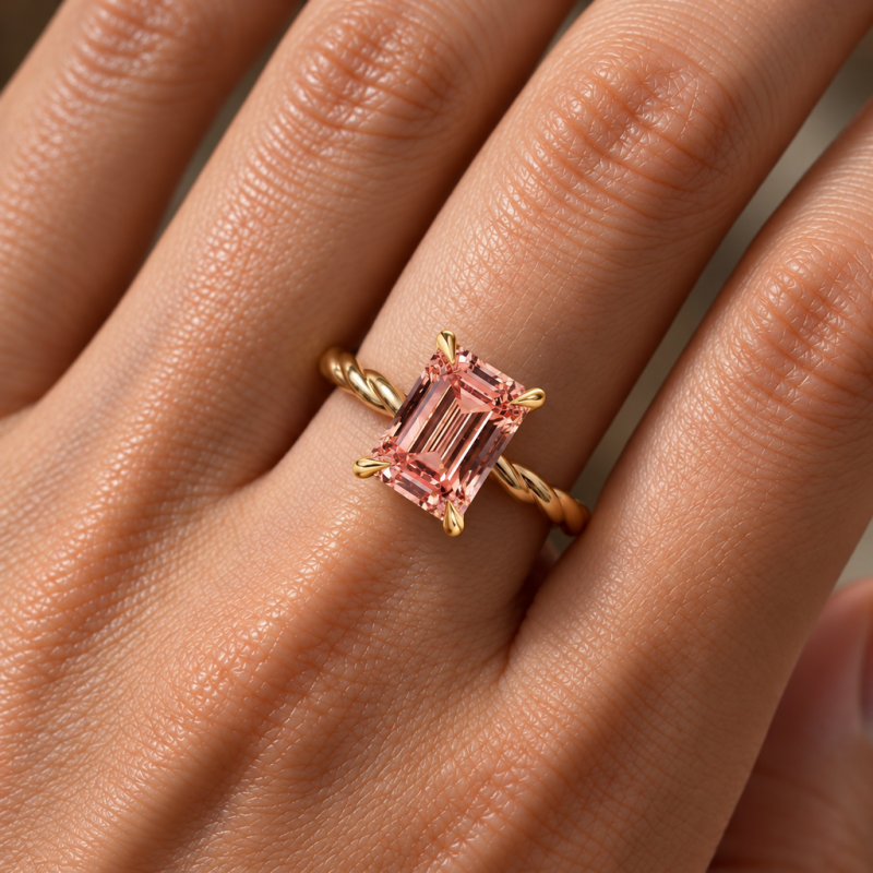 Emerald Cut Lab Grown Morganite Hidden Halo Twisted Engagement Ring - Image 5
