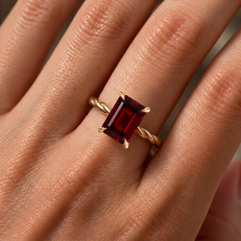 Emerald Cut Lab Grown Ruby Hidden Halo Twisted Engagement Ring - Image 5