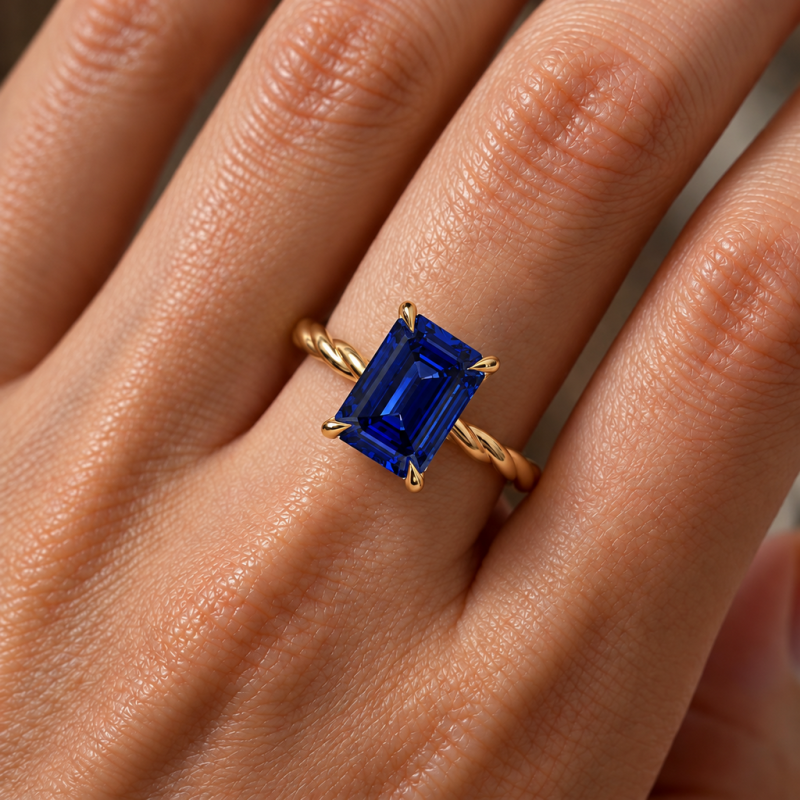 Emerald Cut Lab Grown Sapphire Hidden Halo Twisted Engagement Ring - Image 5