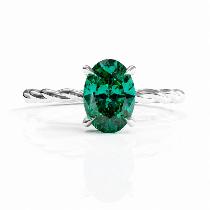 Oval Cut Lab Grown Emerald Hidden Halo Twisted Engagement Ring - Image 3