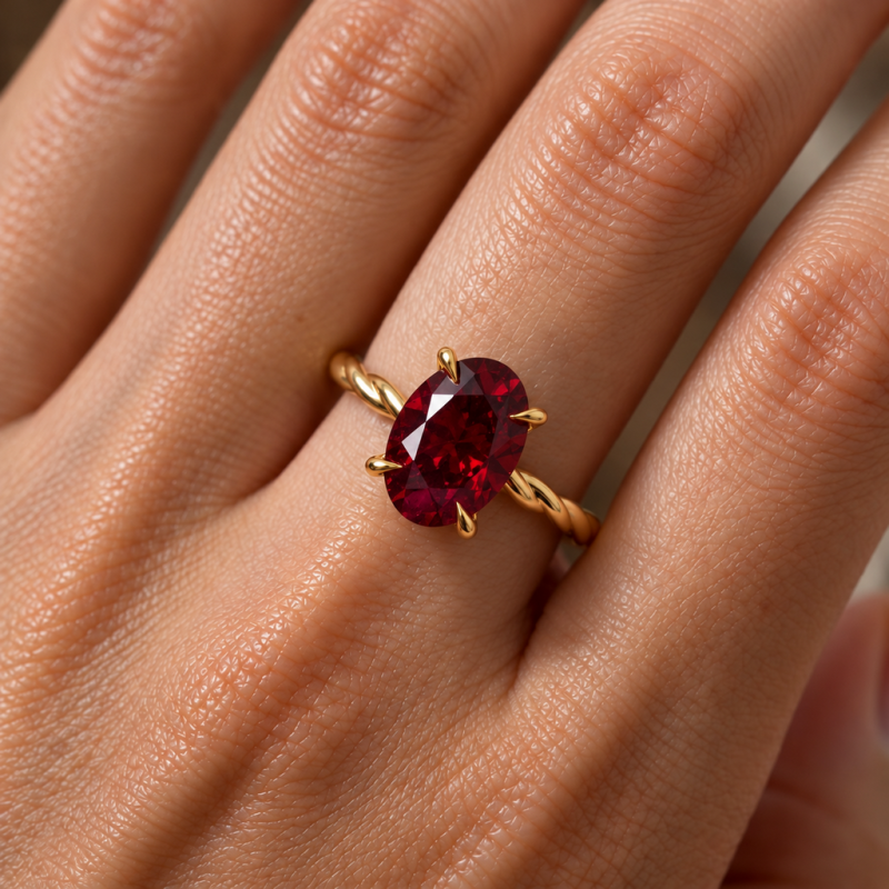 Oval Cut Lab Grown Ruby Hidden Halo Twisted Engagement Ring - Image 5