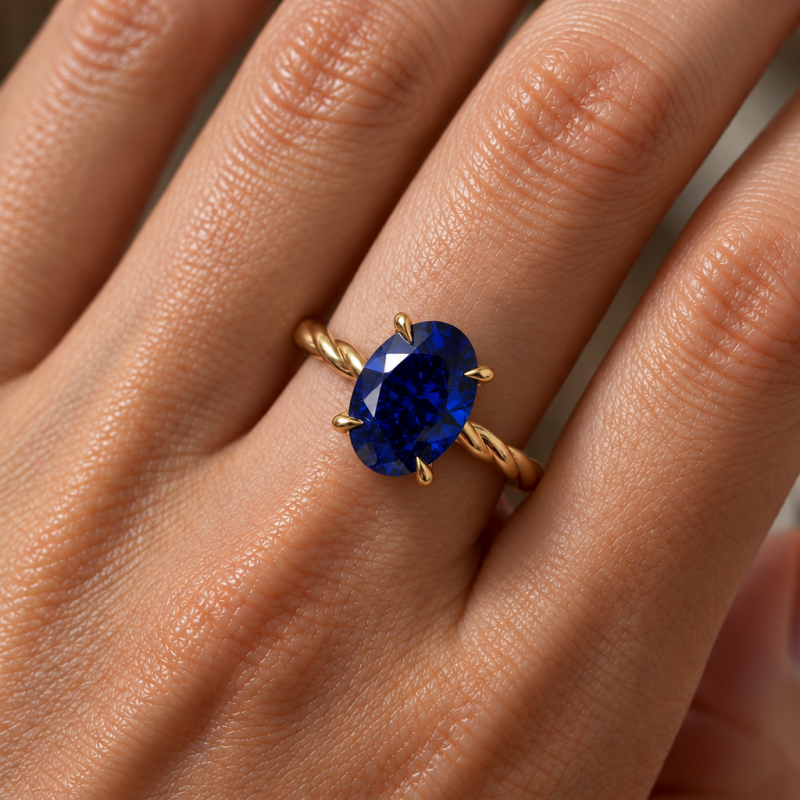 Oval Cut Lab Grown Sapphire Hidden Halo Twisted Engagement Ring - Image 5