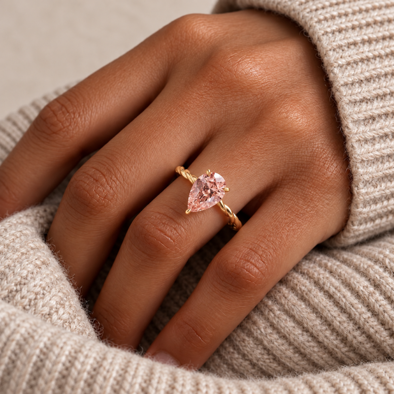 Pear Cut Lab Grown Morganite Hidden Halo Twisted Engagement Ring - Image 5