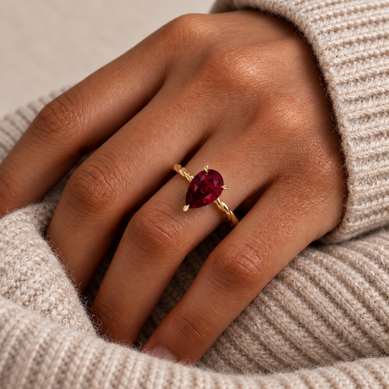 Pear Cut Lab Grown Ruby Hidden Halo Twisted Engagement Ring - Image 5