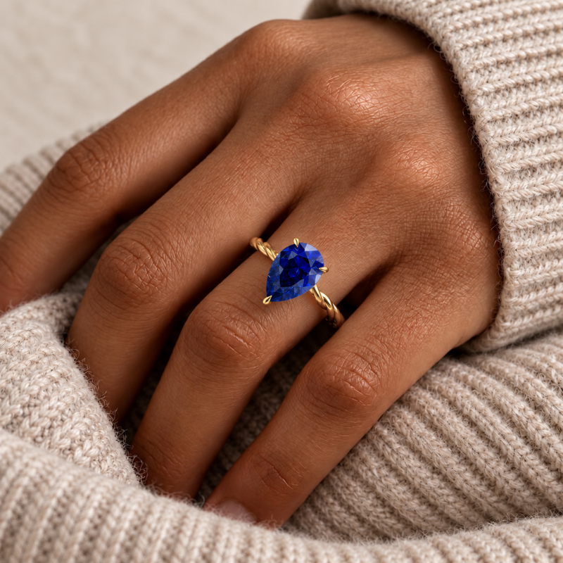 Pear Cut Lab Grown Sapphire Hidden Halo Twisted Engagement Ring - Image 5