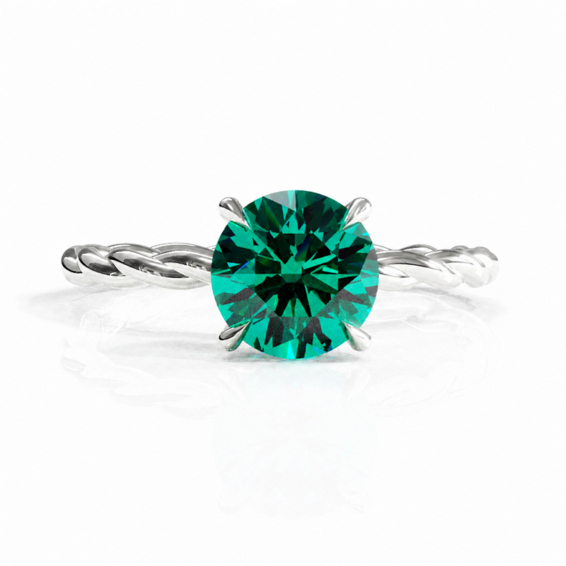 Round Cut Lab Grown Emerald Hidden Halo Twisted Engagement Ring - Image 3