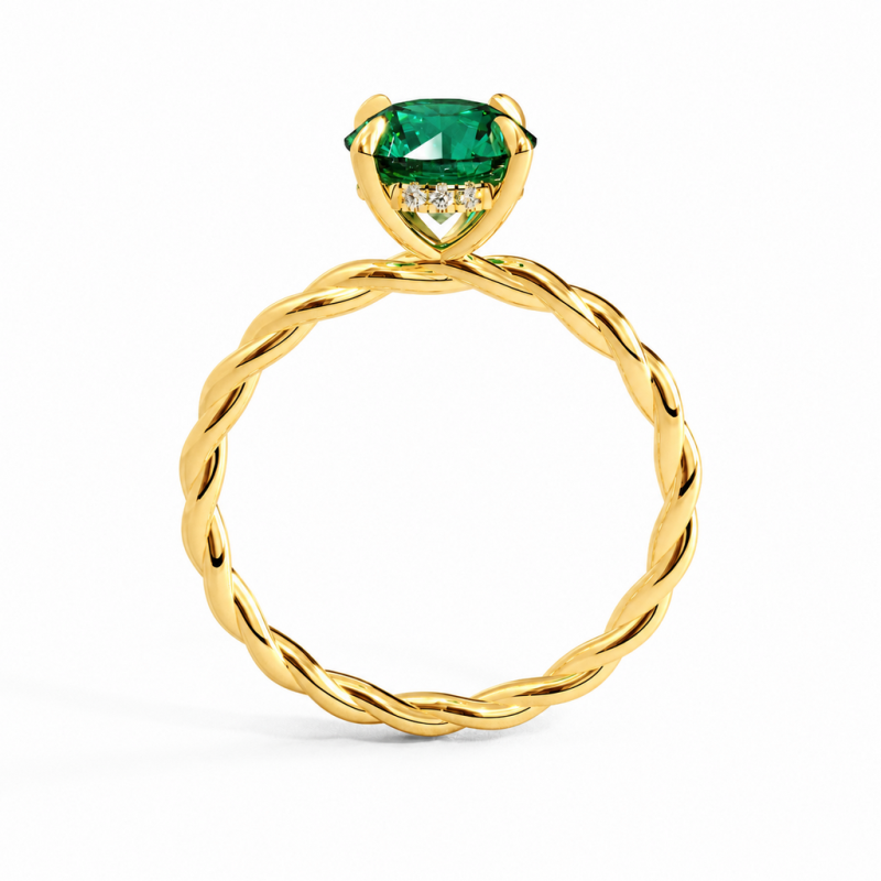 Round Cut Lab Grown Emerald Hidden Halo Twisted Engagement Ring - Image 4