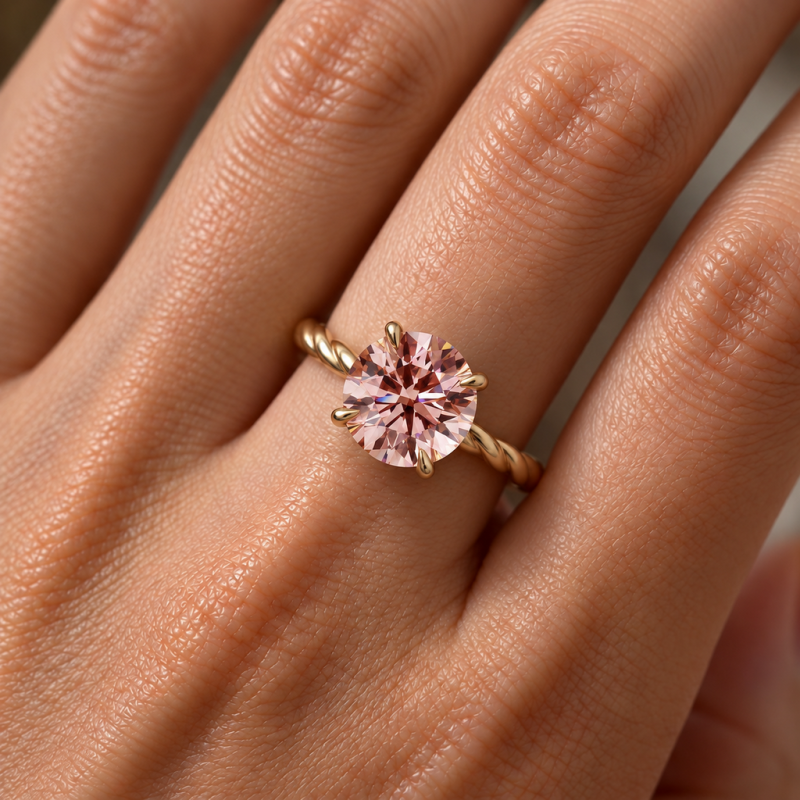 Round Cut Lab Grown Morganite Hidden Halo Twisted Engagement Ring - Image 5