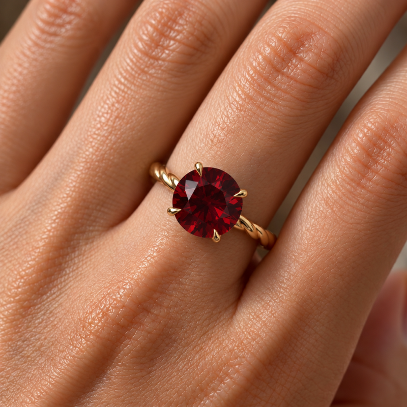 Round Cut Lab Grown Ruby Hidden Halo Twisted Engagement Ring - Image 5