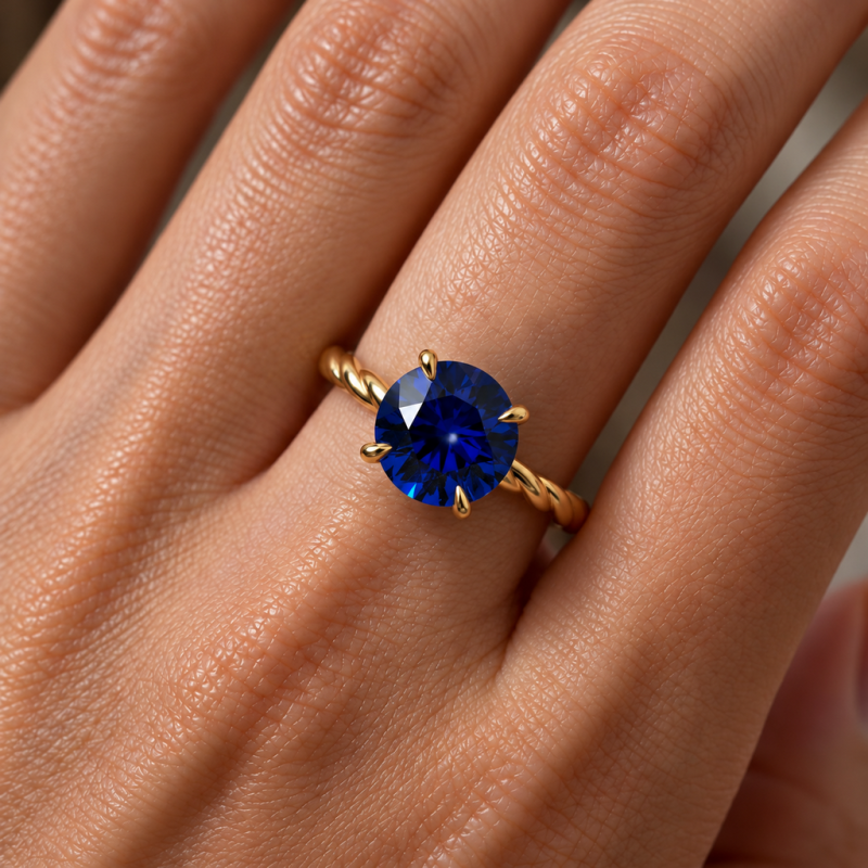 Round Cut Lab Grown Sapphire Hidden Halo Twisted Engagement Ring - Image 5