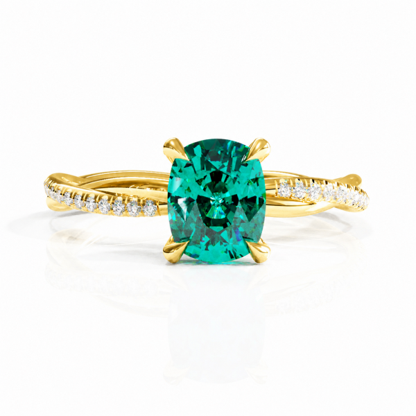 Elongated Cushion Cut Lab Grown Emerald Hidden Halo Twisted Pave Engagement Ring 