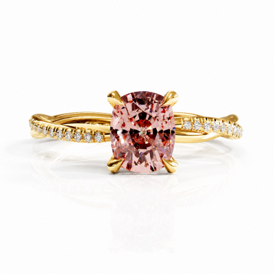 Elongated Cushion Cut Lab Grown Morganite Hidden Halo Twisted Pave Engagement Ring 