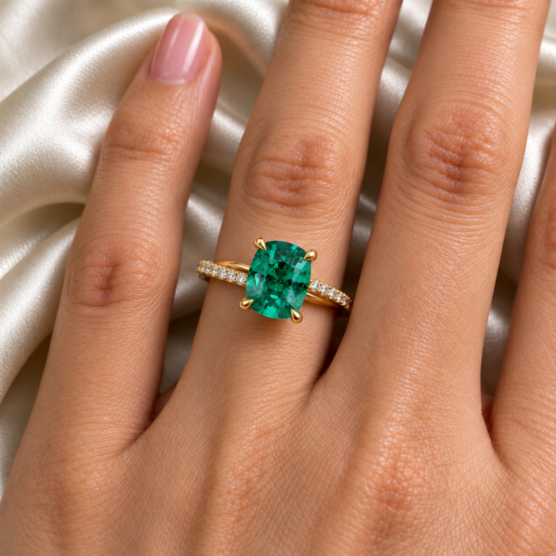 Elongated Cushion Cut Lab Grown Emerald Hidden Halo Twisted Pave Engagement Ring  - Image 5