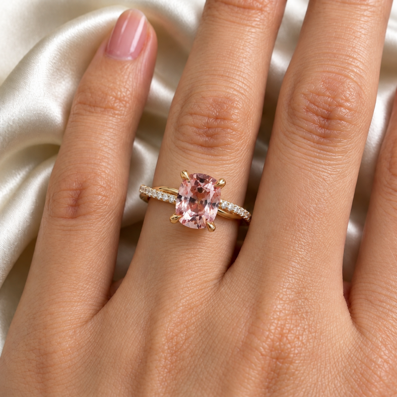 Elongated Cushion Cut Lab Grown Morganite Hidden Halo Twisted Pave Engagement Ring  - Image 5