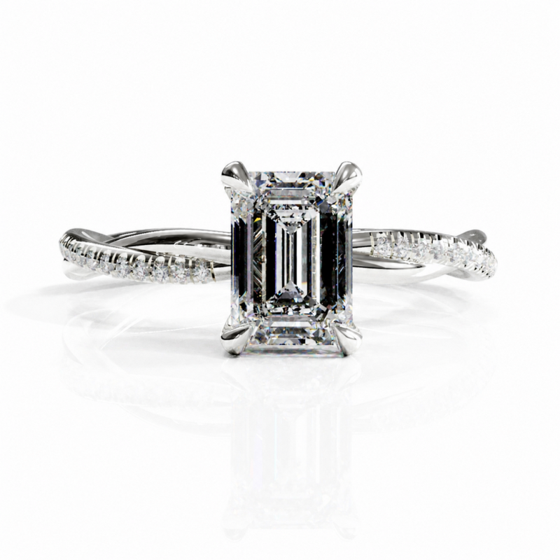 Emerald Cut Moissanite Hidden Halo Twisted Pave Engagement Ring  - Image 3