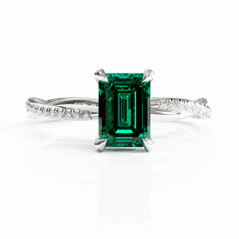 Emerald Cut Lab Grown Emerald Hidden Halo Twisted Pave Engagement Ring  - Image 3
