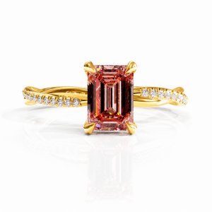 Emerald Cut Lab Grown Morganite Hidden Halo Twisted Pave Engagement Ring 