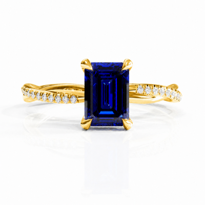 Emerald Cut Lab Grown Sapphire Hidden Halo Twisted Pave Engagement Ring 