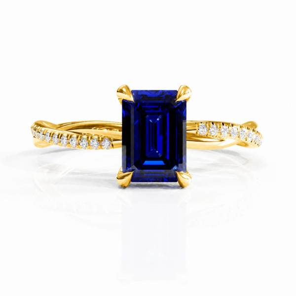 Emerald Cut Lab Grown Sapphire Hidden Halo Twisted Pave Engagement Ring 