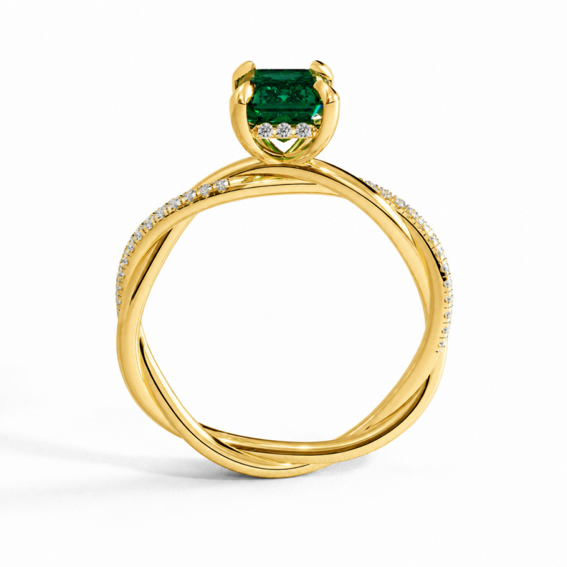 Emerald Cut Lab Grown Emerald Hidden Halo Twisted Pave Engagement Ring  - Image 4