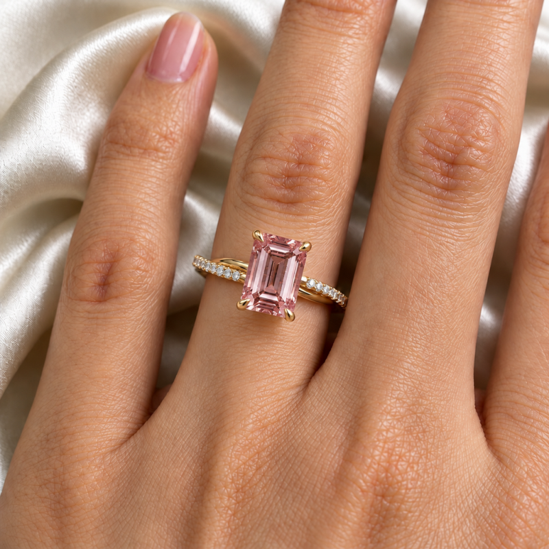 Emerald Cut Lab Grown Morganite Hidden Halo Twisted Pave Engagement Ring  - Image 5
