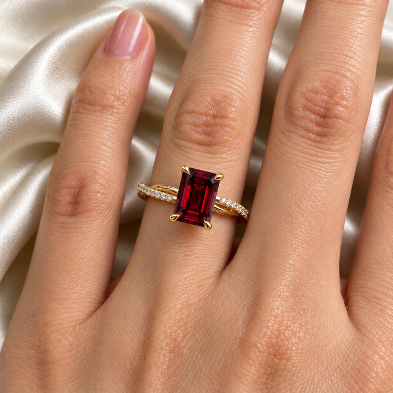 Emerald Cut Lab Grown Ruby Hidden Halo Twisted Pave Engagement Ring  - Image 5