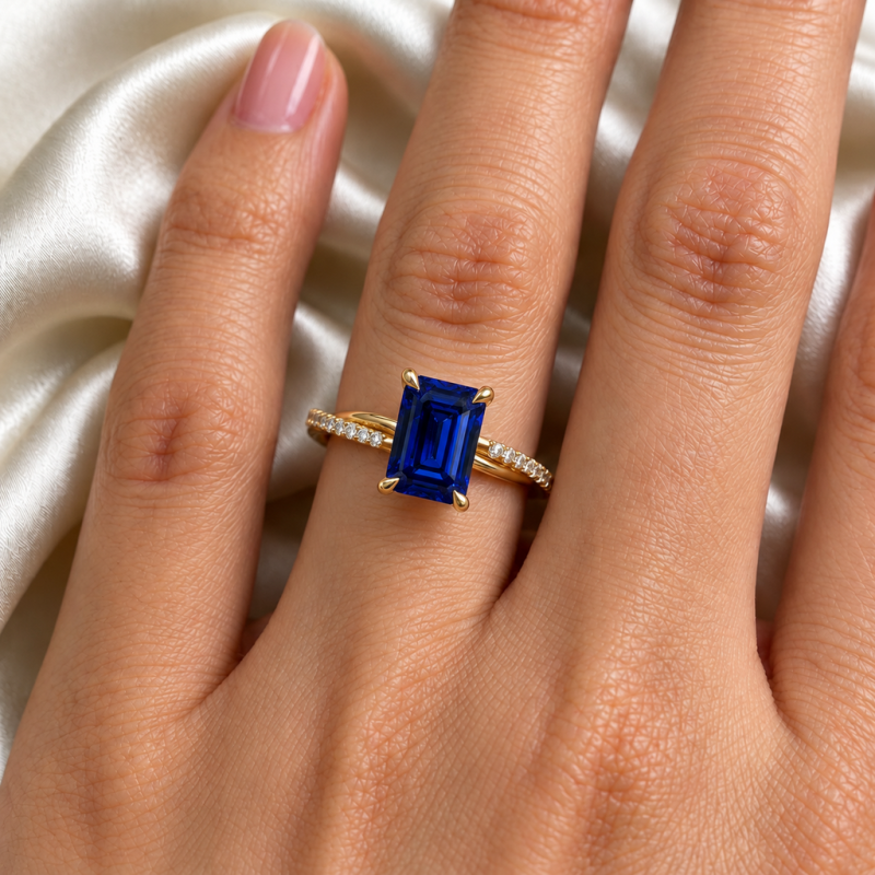 Emerald Cut Lab Grown Sapphire Hidden Halo Twisted Pave Engagement Ring  - Image 5