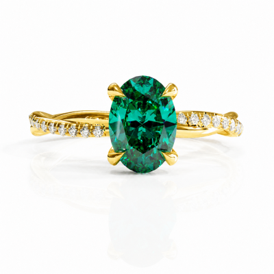 Oval Cut Lab Grown Emerald Hidden Halo Twisted Pave Engagement Ring 