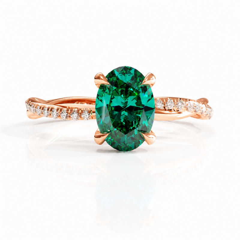 Oval Cut Lab Grown Emerald Hidden Halo Twisted Pave Engagement Ring  - Image 3