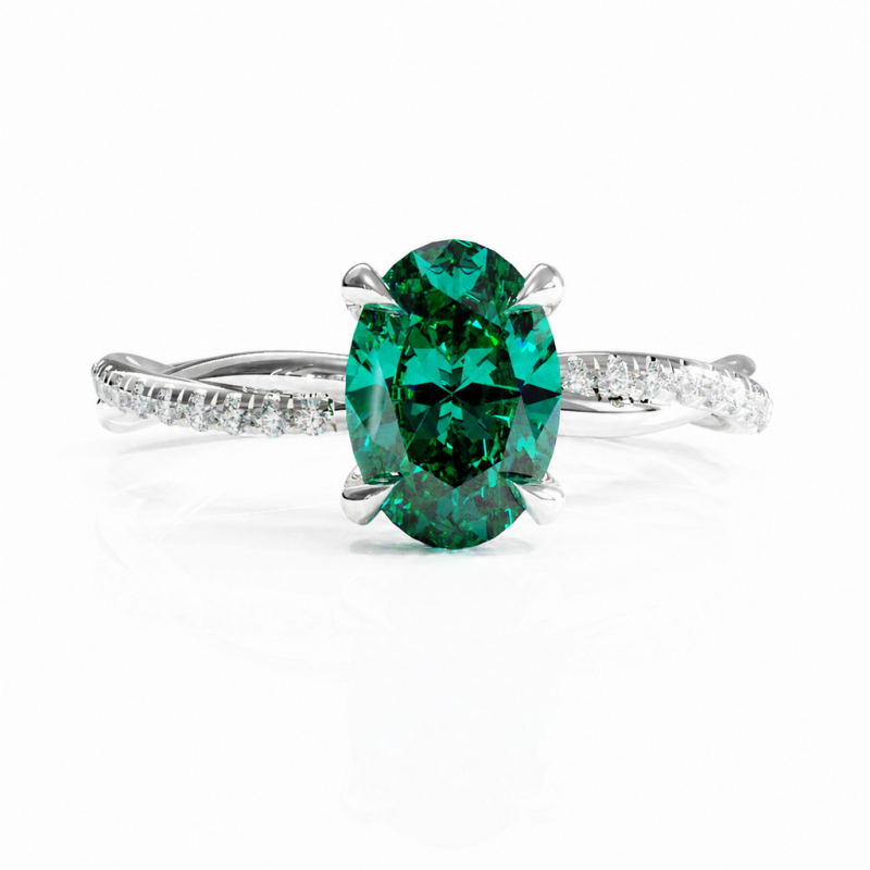 Oval Cut Lab Grown Emerald Hidden Halo Twisted Pave Engagement Ring  - Image 4