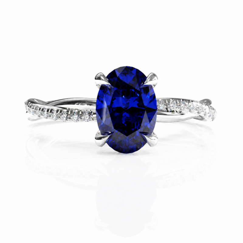 Oval Cut Lab Grown Sapphire Hidden Halo Twisted Pave Engagement Ring  - Image 3