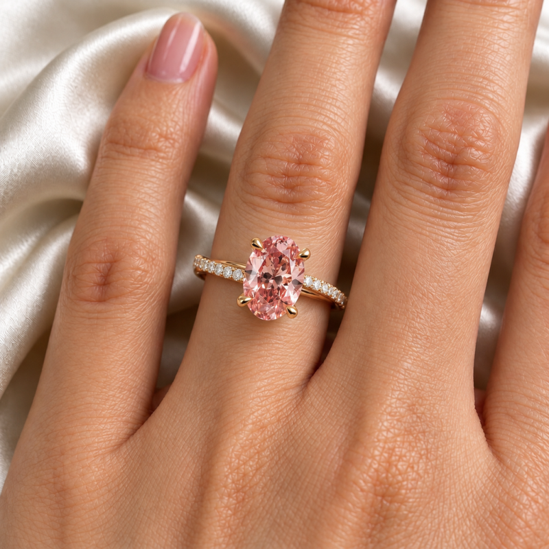 Oval Cut Lab Grown Morganite Hidden Halo Twisted Pave Engagement Ring  - Image 5