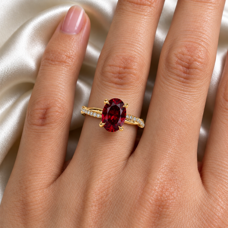 Oval Cut Lab Grown Ruby Hidden Halo Twisted Pave Engagement Ring  - Image 5