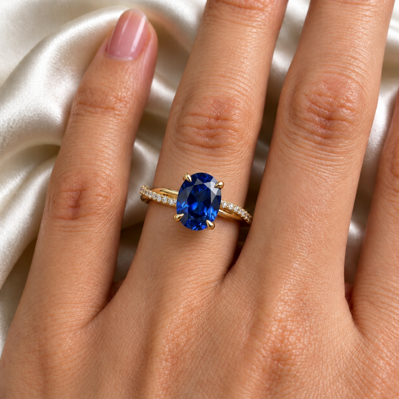 Oval Cut Lab Grown Sapphire Hidden Halo Twisted Pave Engagement Ring  - Image 5