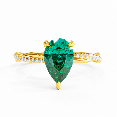 Pear Cut Lab Grown Emerald Hidden Halo Twisted Pave Engagement Ring 
