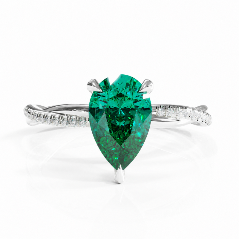 Pear Cut Lab Grown Emerald Hidden Halo Twisted Pave Engagement Ring  - Image 3