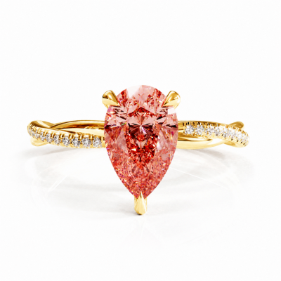 Pear Cut Lab Grown Morganite Hidden Halo Twisted Pave Engagement Ring 