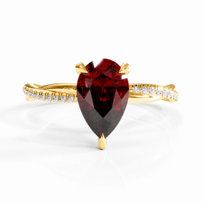 Pear Cut Lab Grown Ruby Hidden Halo Twisted Pave Engagement Ring 