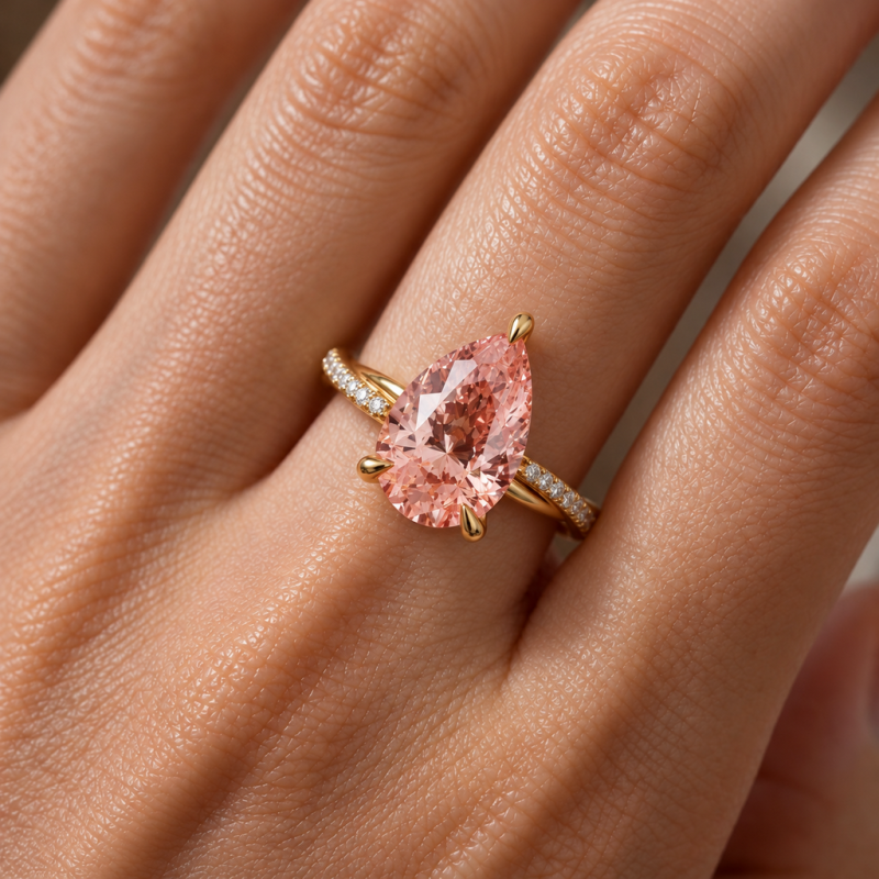Pear Cut Lab Grown Morganite Hidden Halo Twisted Pave Engagement Ring  - Image 5
